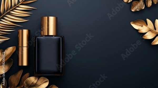 Fototapeta A stylish perfume bottle with a sleek design, surrounded by golden leaves on a dark background.