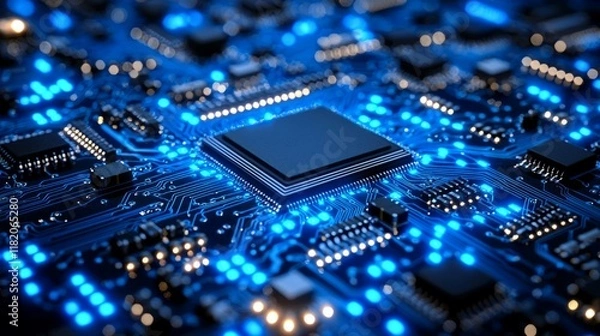 Fototapeta Intricate Microchip Circuitry Glowing with Blue Lights in a Modern Technological Landscape