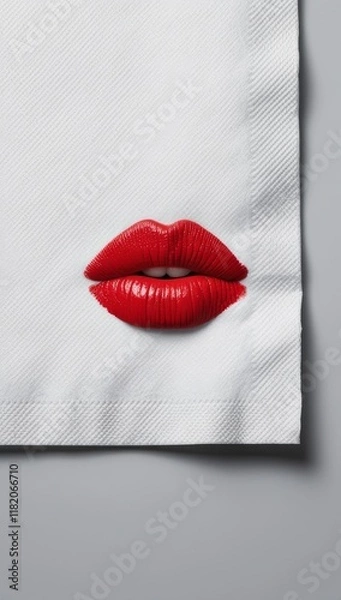 Fototapeta Цhite napkin placed on a light gray surface with a bold red lipstick kiss print. Copy space background