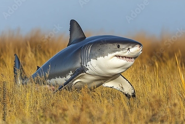 Obraz A surreal image of a shark emerging from tall grass, blending aquatic and terrestrial environments.