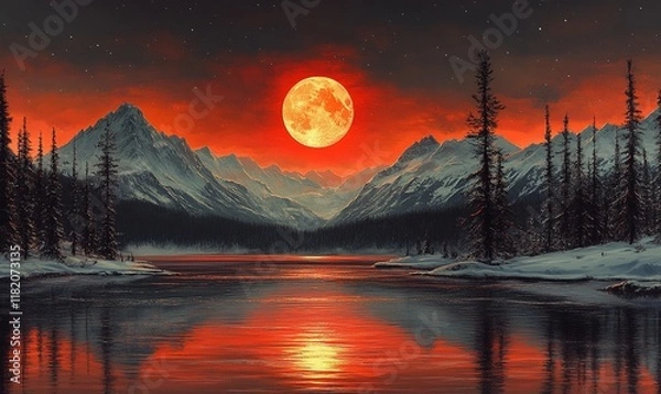 Obraz A serene landscape featuring a glowing full moon over a tranquil lake surrounded by snow-capped mountains.