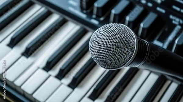 Fototapeta Microphone positioned in front of piano keys, representing audio production and podcasting, emphasizing music and broadcast media, creativity, sound equipment, recording studio.