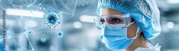 Obraz A healthcare professional in protective gear examines a virtual representation of a virus, highlighting the intersection of science and technology.