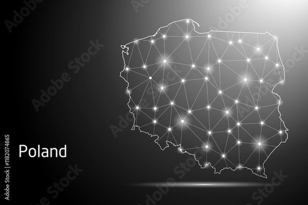 Obraz Abstract Mash Line and Point Scales on The Dark Gradient Background With Map of Poland. 3D Mesh Polygonal Network Connections. Vector illustration eps 10.