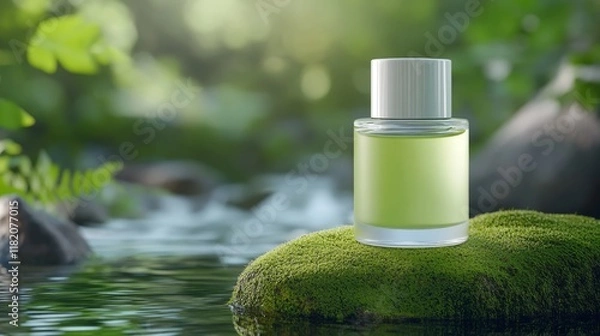 Fototapeta A green perfume bottle on a mossy stone by a serene stream in nature.
