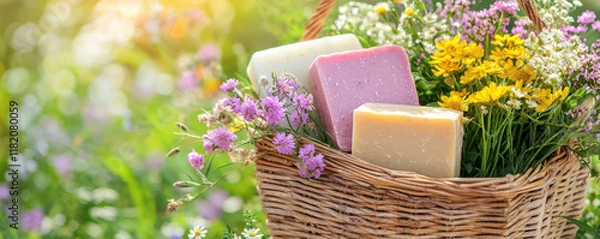Fototapeta Handmade soap bars in wicker basket surrounded by colorful flowers, creating vibrant and fresh atmosphere. Perfect for natural skincare enthusiasts