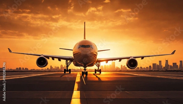 Fototapeta Airliner landing at sunset, city skyline silhouette, dramatic orange sky, reflective runway, golden hour lighting, aviation photography. Generative AI