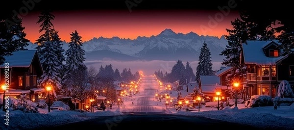 Fototapeta Snowy street scene at sunset with mountains in the background.