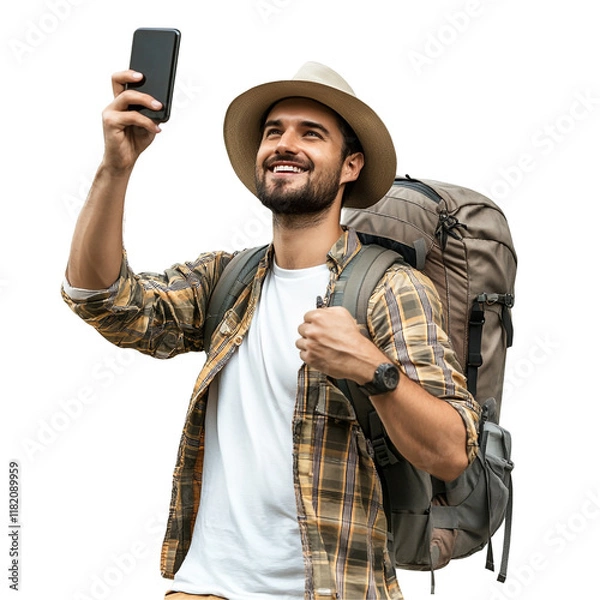 Fototapeta Smiling Tourist Takes a Selfie with His Backpack