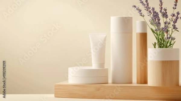 Fototapeta A minimalist display of skincare products with lavender, emphasizing beauty and wellness.