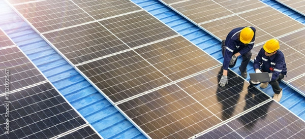 Fototapeta Professional inspecting solar panel installations on a rooftop ensuring renewable energy efficiency and sustainability practices highlighting clean energy technologies and environmental benefits.