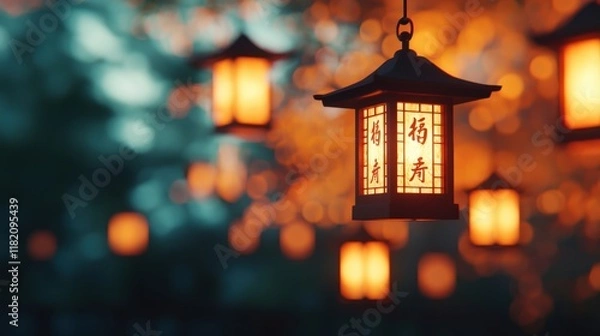 Fototapeta Artistic Arrangement of Glowing Lanterns Creating a Magical Chinese Night Atmosphere