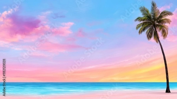 Fototapeta Vibrant Tropical Beach Sunset with Palm Tree and Colorful Sky