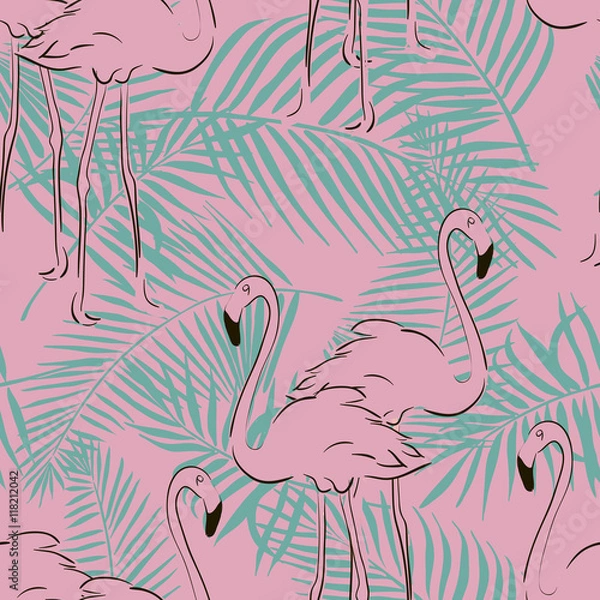 Fototapeta Seamless pattern with pastel pink flamingos.