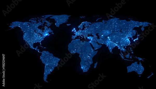 Fototapeta Earth Communications network map of the world. Dark blue background map world global logistics network, Side lit, with white tones