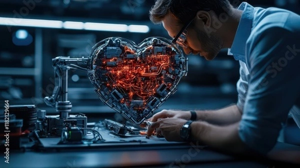 Fototapeta Engineers working on a heartshaped robot symbolizing love and technology, Valentines innovation, futuristic design, romantic tech