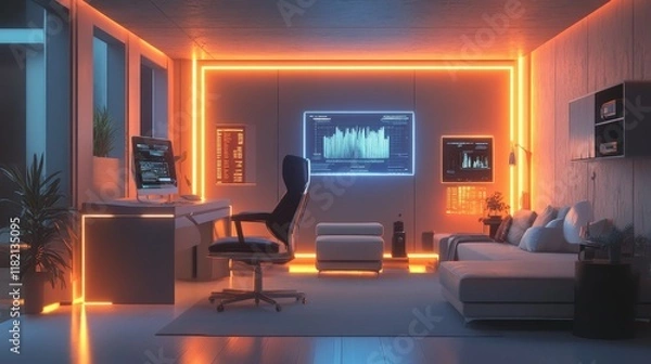 Fototapeta Modern workspace featuring vibrant lighting, tech setup, and a cozy seating area.