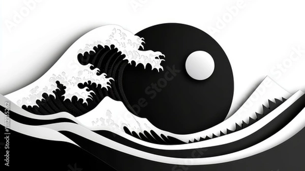Fototapeta Monochrome Wave and Moon - Abstract art, paper cut style, ocean wave, moon, black and white, minimalist design. Symbolizing power, serenity, contrast, cycle, and nature.