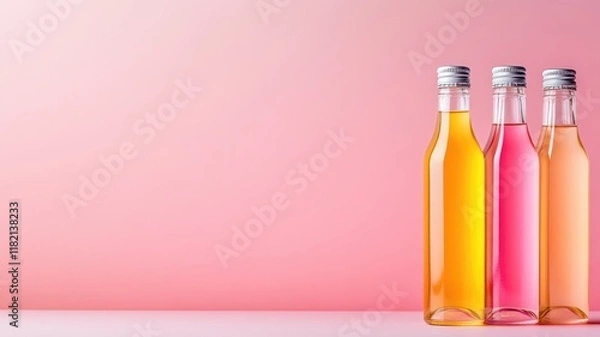 Fototapeta Three colored beverage bottles with pink gradient background
