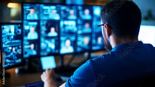 Fototapeta Forensic expert analyzing digital evidence cyber investigation lab video surveillance footage high-tech environment focused viewpoint crime scene analysis