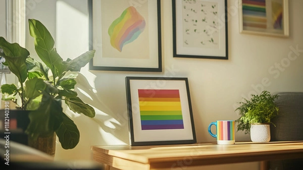 Fototapeta A cozy office corner decorated with framed art featuring LGBTQ pride colors, a plant, and a rainbow mug on the table. Ai generated