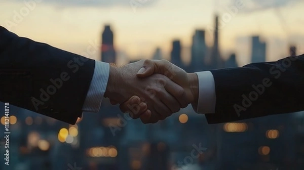 Fototapeta Two businessmen shaking hands in agreement, signifying a successful business deal