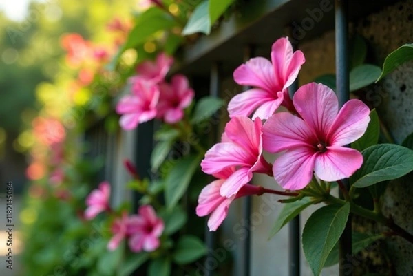 Fototapeta Pink Ruellia tuberosa flowers blooming on a fence or wall with vines and foliage, tropical, nature, foliage