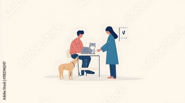 Fototapeta A simple flat vector illustration of two people with their dog in the pet clinic