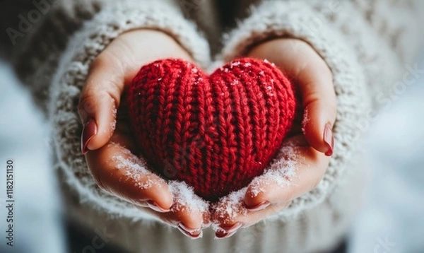 Obraz Hands holding knitted red heart on snowy copyspace. Love, friendship concept. Hands holding knitted red heart on snowy copyspace. Love, friendship concept., Generative AI