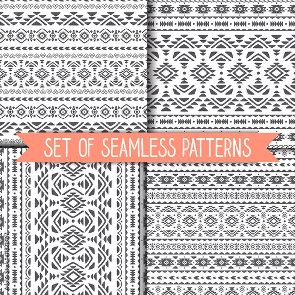 Fototapeta Set of 4 geometric seamless patterns in black and white. Vector .