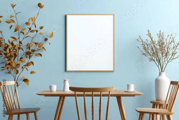 Fototapeta modern dining area featuring wooden table, chairs, and decorative plants against blue walls. minimalist design creates serene atmosphere, perfect for gatherings