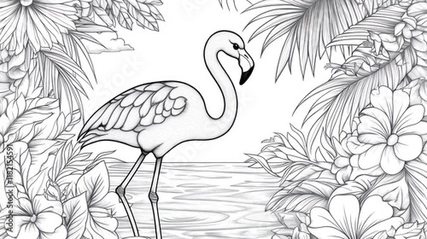 Fototapeta Flamingo coloring page tropical lagoon floral frame