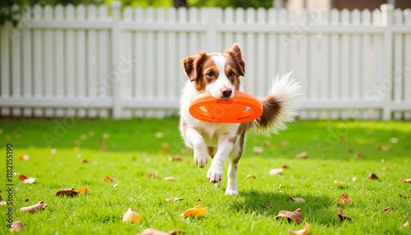 Obraz Dog running with frisbee on green lawn, Border collie catching a frisbee