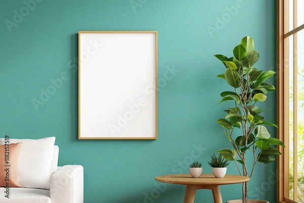 Fototapeta modern living room featuring blank rectangular frame on teal wall, complemented by cozy white sofa, wooden table, and decorative plants, creating serene atmosphere