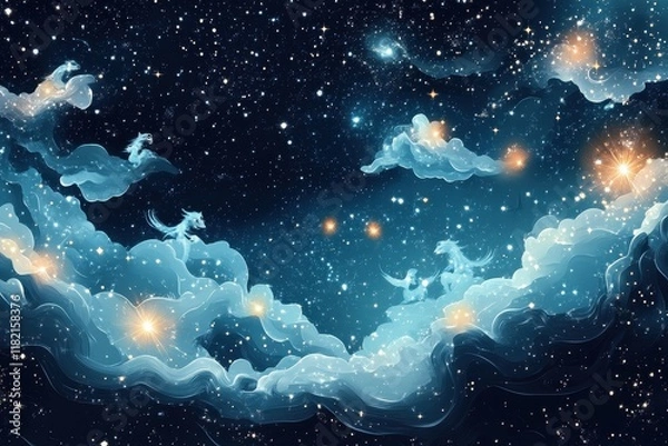 Fototapeta Celestial Dragons Soar Through Starlit Clouds