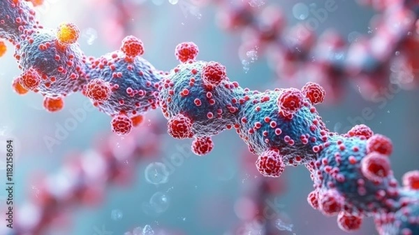 Fototapeta Microscopic View of Human Immune Cells Interacting with Cancer Cells, Bacteria, and Virus Cells on a Scientific Background - Nanotechnology and the World Under the Microscope