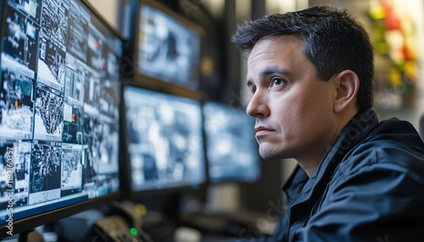 Obraz security specialist controlling images of surveillance cameras