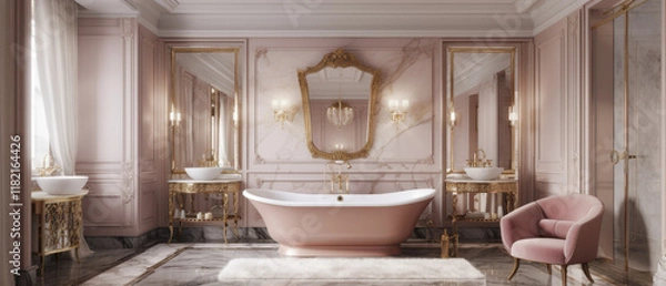 Obraz A wide-angle shot of a pristine bathroom featuring a freestanding marble bathtub, white marble walls, and a polished stone floor. Large windows let in