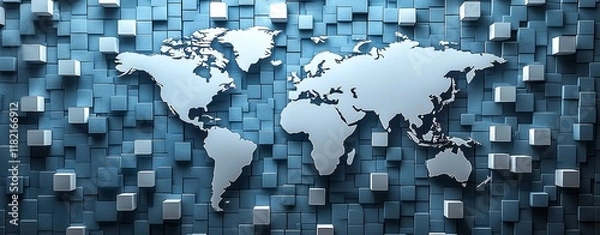 Fototapeta Global networks and technology are illustrated through an abstract world map with white blocks and gears