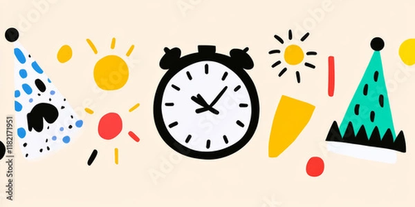 Fototapeta Colorful party elements including clock, hats, and sun shapes create festive atmosphere, perfect for celebrations and events. playful design adds joy and excitement