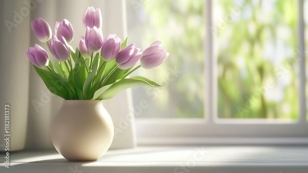 Fototapeta Light pink tulips in a cream vase on a windowsill, bathed in sunlight.