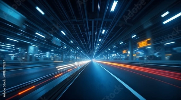 Obraz A sleek, futuristic highway tunnel illuminated with vibrant blue and orange lights, creating dynamic motion and depth, symbolizing speed, technology, and modern transportation.