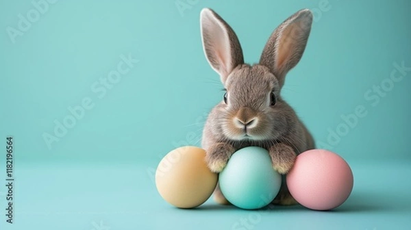Fototapeta Playful bunny with oversized ears next to pastel colored eggs