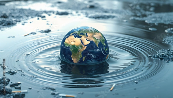 Fototapeta Water, planet and climate change with the earth in a puddle as a symbol of global warming or temperature shift. Created with  technology, Dreamy, with white tones