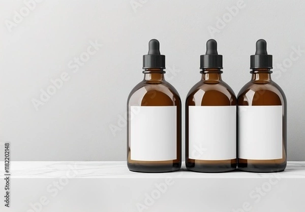 Fototapeta Elegantly Arranged Amber Glass Dropper Bottles with Minimalist Labels, Ready for Customization