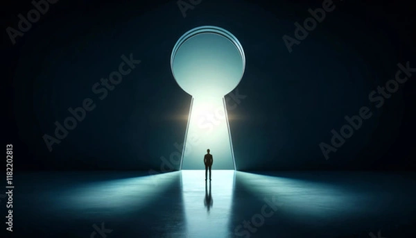 Fototapeta A lone person stands before a giant keyhole-shaped portal, illuminated by a mysterious light beyond. The scene conveys a sense of exploration and the unknown.AI
