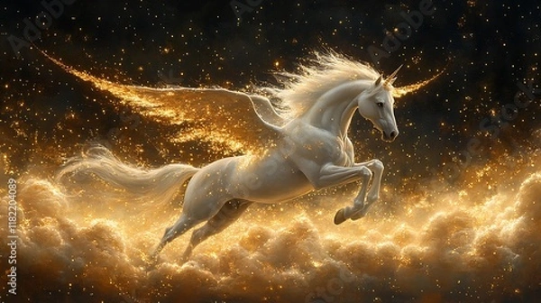 Fototapeta Golden winged unicorn leaps through celestial clouds