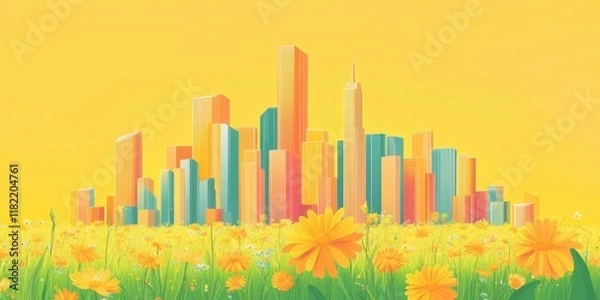 Obraz City Skyline Overlooking a Vibrant Field of Flowers