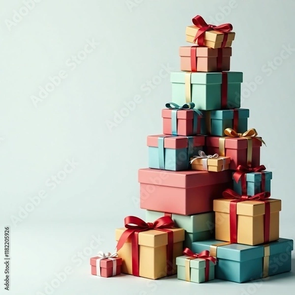 Fototapeta Tower of colorful gift boxes piled high on the ground, decorative, holiday, stacking