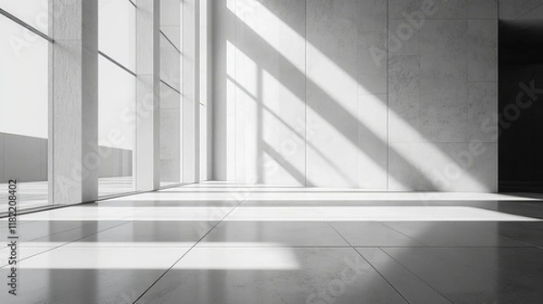 Fototapeta A clean, sunlit white studio with shadow effects, perfect as a minimalist background for design concepts or product presentations.